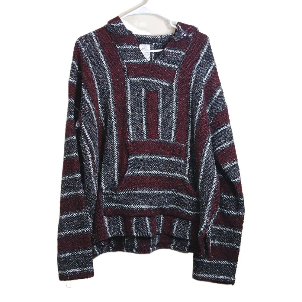 Textiles Frank’s Baja Hoodie Mens Large Burgundy Stripe Boho Mexican Pullover